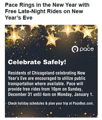 Chicago Area Residents: Pace is Offering Free Late Night Rides on New Year's Eve
